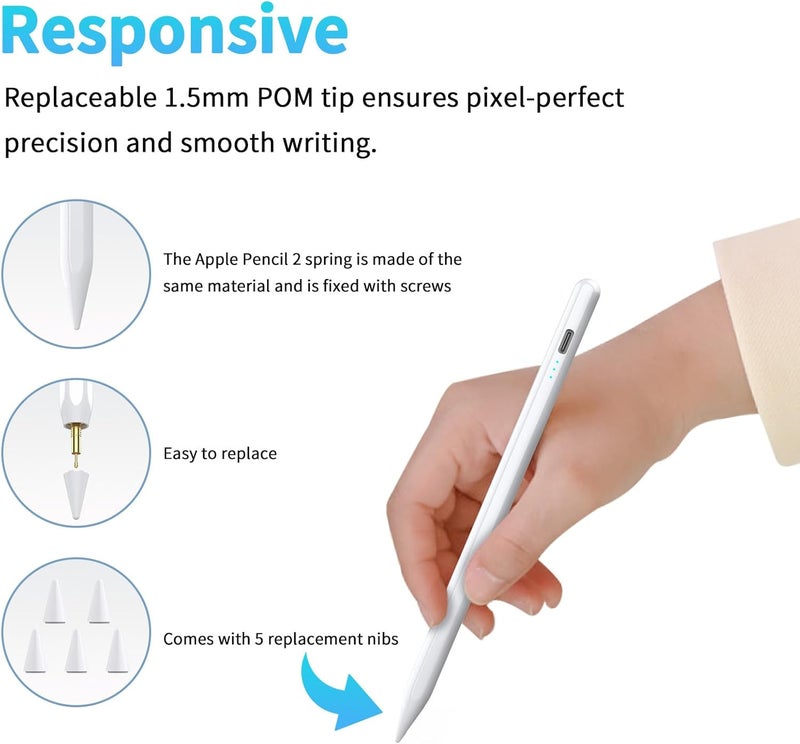 HZD Stylus Pen for iPad 2025-2018 Faster Charge Apple Pencil with Tilt Sensitivity & Palm Rejection & Magnetic Compatible iPad 11/10/9/8/7/6, Pad Air 3/4/5, Pro 12.9"/11", Mini 6/5, M2/M4 White - Image 5